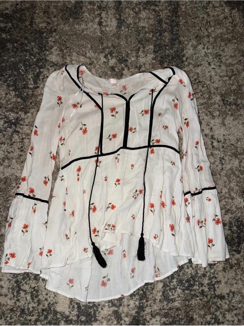 LC Lauren Conrad White Floral Peasant Blouse with Black Trim